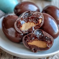 Homemade dark chocolate peanut butter eggs with a creamy filling and a sprinkle of sea salt — perfect for Easter treats and springtime celebrations.