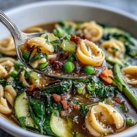 Spring Minestrone soup with fresh vegetables and pasta in a vibrant broth, garnished with Parmesan and basil.