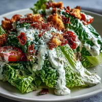 Creamy tahini Caesar salad with crisp romaine, cherry tomatoes, and crunchy croutons in a tangy lemon dressing.  