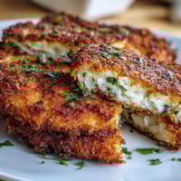 Crispy vegetarian cabbage schnitzel with golden breaded coating, served with fresh parsley and lemon wedges.