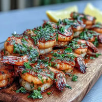 Close-up of grilled honey garlic shrimp skewers, plump and caramelized with char marks.